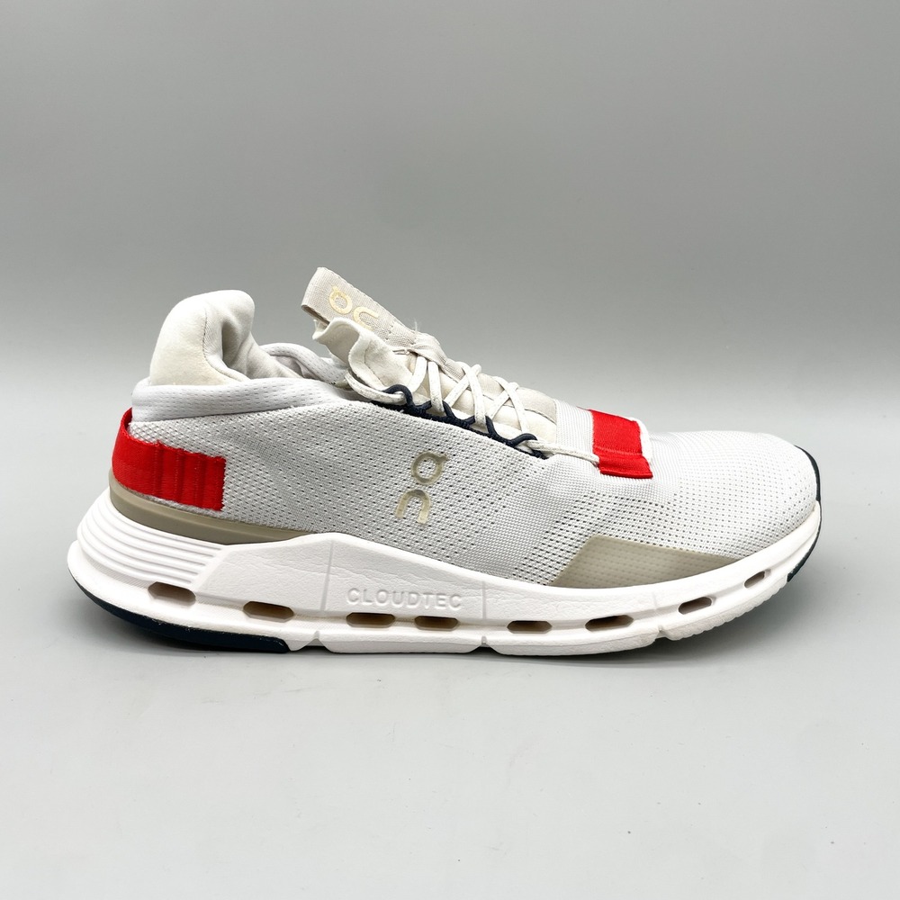 On Mens 9.5 Cloudnova Running Shoes White Red Sneaker Athleisure Gym Training
